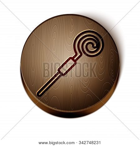 Brown Line Walking Stick Icon Isolated On White Background. Happy Saint Patricks Day. Wooden Circle 