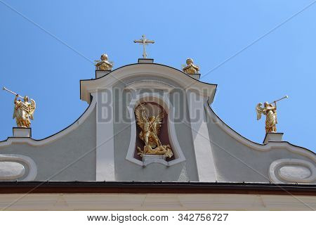church in San Candido. San Candido is located in the Puster Valley in Italy