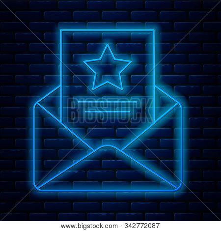 Glowing Neon Line The Arrest Warrant Icon Isolated On Brick Wall Background. Police Badge With Docum