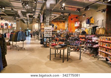 BERLIN, GERMANY - CIRCA SEPTEMBER, 2019: interior shot of Superdry store in Berlin.
