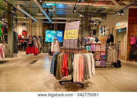 BERLIN, GERMANY - CIRCA SEPTEMBER, 2019: interior shot of Superdry store in Berlin.