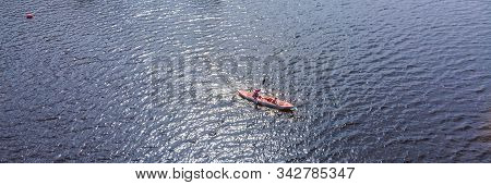Aerial Drone Top View, Kayaking In The Sea Banner, Long Format
