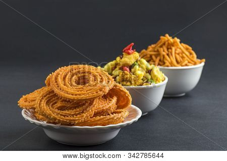 Indian Snack : Chakli, Chakali Or Murukku And Besan (gram Flour) Sev And Chivada Or Chiwada. Diwali
