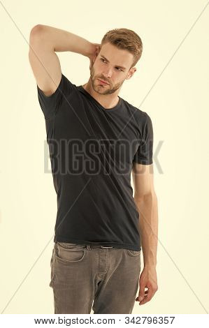 Sweating Problem. Effective Antiperspirant. Man Confident In His Antiperspirant. Guy Checks Dry Armp