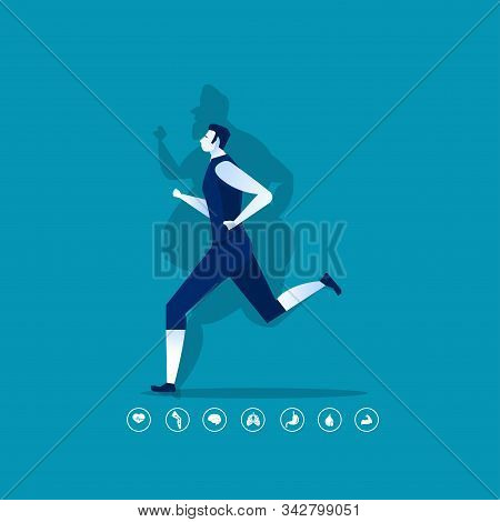 Man Fat Turning Into Silhouette Thin For Health On Blue Background Graphic