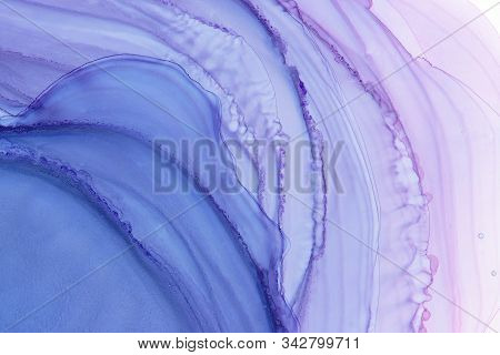 Blue, Purple And Pink Alcohol Ink Wallpaper. Hand Drawn Paintbrush Swabs Watercolor Illustration. Mu