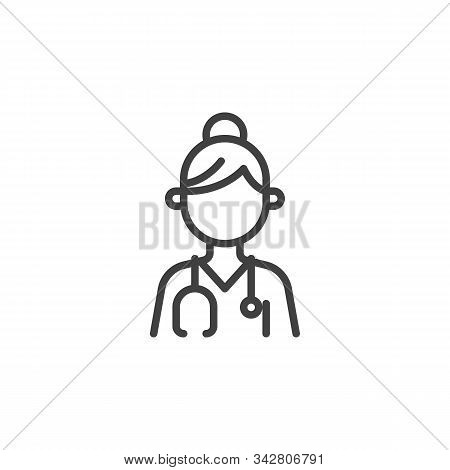 Nurse Doctor With Medical Stethoscope Line Icon. Linear Style Sign For Mobile Concept And Web Design