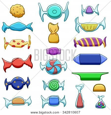 Candies In Colorful And Transparent Wrappers Big Set On White Background