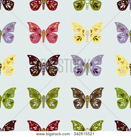 Vector Repeat Seamless Pattern With Colorful Butterflies. Retro Butterfly Illustration. Surface Patt