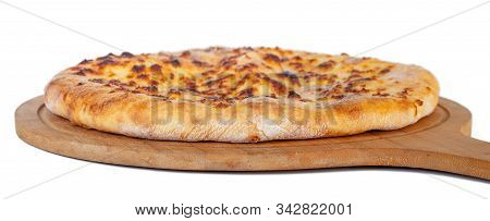 Georgian Traditional Food Khachapuri On A Wooden Dish On White Background.