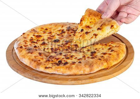 Georgian Traditional Food Khachapuri On A Wooden Dish On White Background.