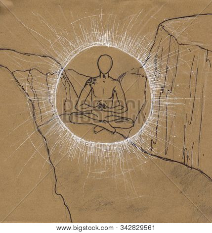 Esoteric And Magic Illustration Of A Human In Graphics. Soul And Body Splitting. Figure Black Pen Is