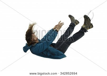 A Second Before Falling. Caucasian Young Man Falling Down In Moment With Bright Emotions And Facial 