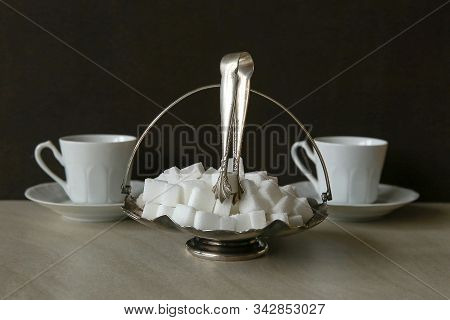 Sugar Cubes In Metal Vintage Sugar  Bowl With Sugar Tongs.