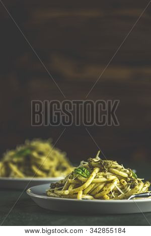Spaghetti Pasta Bucatini With Pesto Sauce And Parmesan. Italian Traditional Perciatelli Pasta By Gen