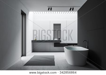 White Gray Loft Bathroom, Tub And Sink, Side View