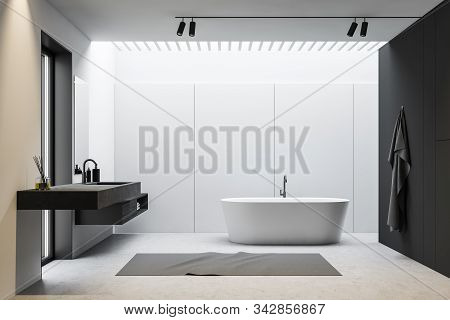 White And Gray Bathroom Interior, Tub And Sink