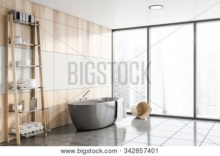 White And Wood Bathroom Corner, Tub And Shelves