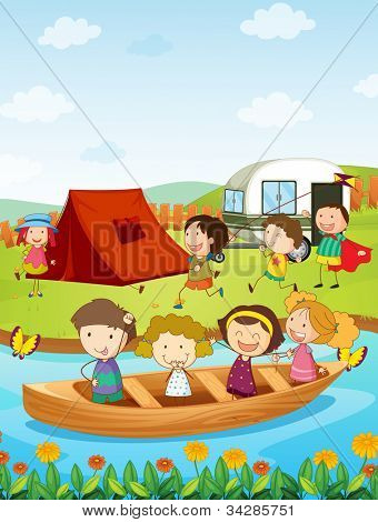 Ilustrace dětí, kempování