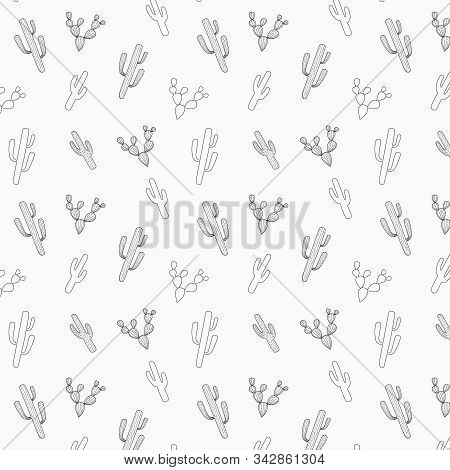 Cactus Seamless Pattern. Outline Succulents Desert Plants. Hand-drawn Cacti For Scrapbooking Paper. 