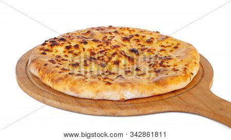 Georgian Traditional Food Khachapuri On A Wooden Dish On White Background.