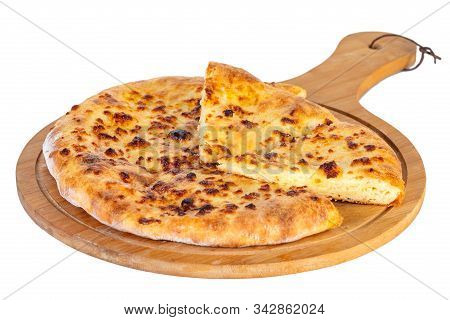 Georgian Traditional Food Khachapuri On A Wooden Dish On White Background.