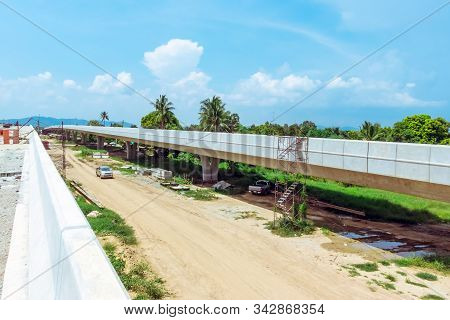 Unfinished Of Construction Of The Large Concrete Bridge Of The Motorway Elevation For The Developmen