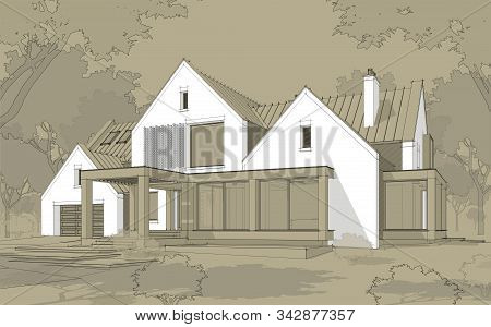 3D Rendering Of Modern Clinker House On The Ponds With Pool Black Line On Craft Background