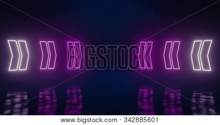 Magenta Neon Arros On Blackish Background. 3d Illustration