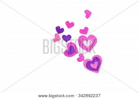 White Background. Red, Pink, Vilolet Felt Hearts. Copy Space. Place For Text And Design. Valentines 