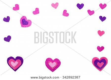 White Background. Red, Pink, Vilolet Felt Hearts. Copy Space. Place For Text And Design. Valentines 