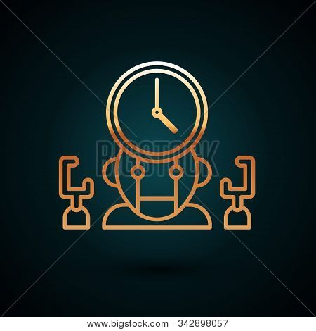 Gold Line Robot And Digital Time Manager Icon Isolated On Dark Blue Background. Time Management Assi