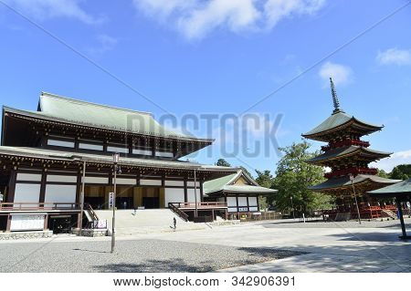 Narita, Japan - October 4, 2019: View Of Naritasan Temple With Red Pagoda And Blue Sky In Naritasan 