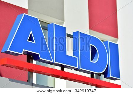 Warsaw, Poland. 19 April 2018. Sign Aldi. Company Signboard  Aldi.