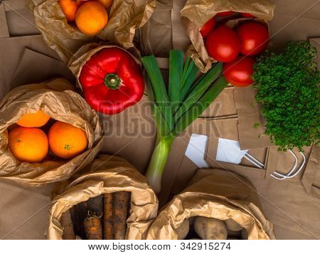 Full Zero Waste Paper Bags Of Different Health Food, Vegetables And Fruits, Health Food, Rich In Vit