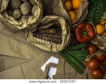 Full Zero Waste Paper Bags Of Different Health Food, Vegetables And Fruits, Health Food, Rich In Vit
