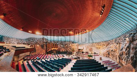 Helsinki, Finland - December 7, 2016: Interior Of Lutheran Temppeliaukio Church Also Known As Church