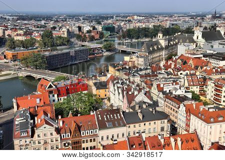 Wrocław City In Poland. Aerial View With River Oder (odra).