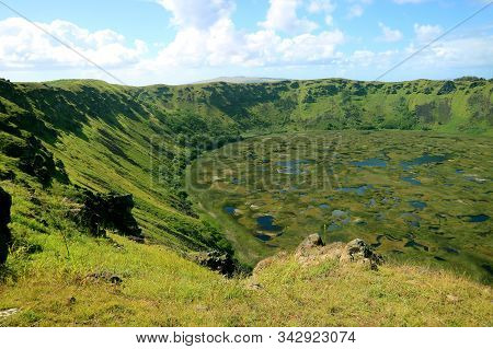 Amazing Crater Lake Of Rano Kau Volcano View From Orongo Ceremonial Village, Unesco World Heritage S