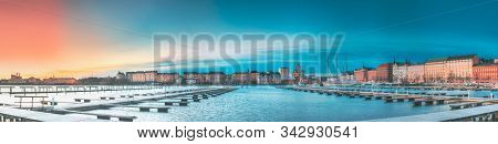 Helsinki, Finland. Panoramic View Of Kanavaranta Street With Uspenski Cathedral And Pohjoisranta Str