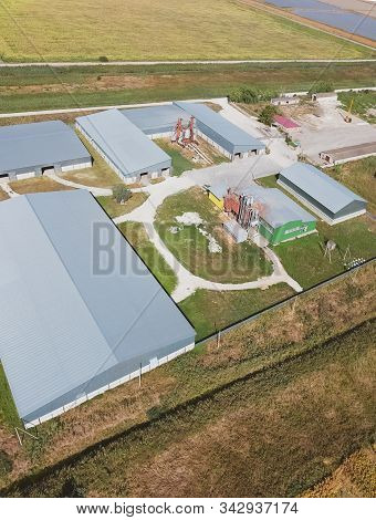 Top View Of The Hangars. Hangar Of Galvanized Metal Sheets For The Storage Of Agricultural Products 