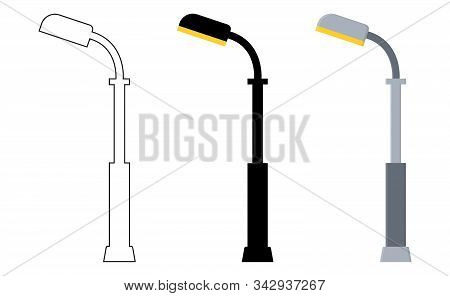 Outline, Black Silhouette, Cartoon Streen Lights Set Isolated On White Background. Vintage Street Li
