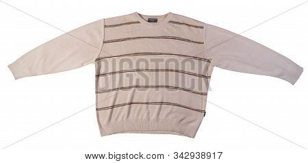 Knitted Hakki Brown Beige Color Sweater With A Zipper Isolated On A White Background. Mens Sweater U
