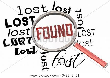 Lost and Found Magnifying Glass Search Find Missing Item Words 3d Illustration