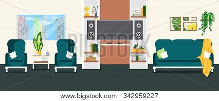 Vector Flat Illustration Of Living Room Interior. Design Of Cozy Lounge With Sofa, Armchairs, House 