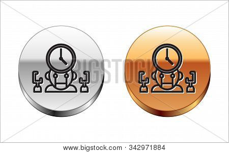 Black Line Robot And Digital Time Manager Icon Isolated On White Background. Time Management Assista