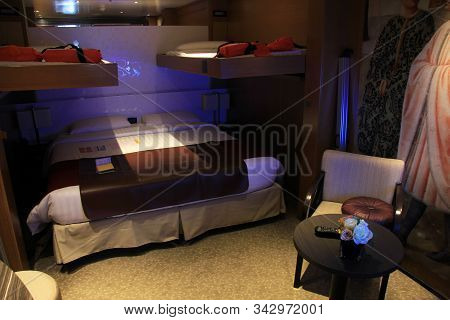 Amsterdam, The Netherlands - August 2nd 2014: Costa Neoromantica, Standard Inside Cruise Ship Cabin 