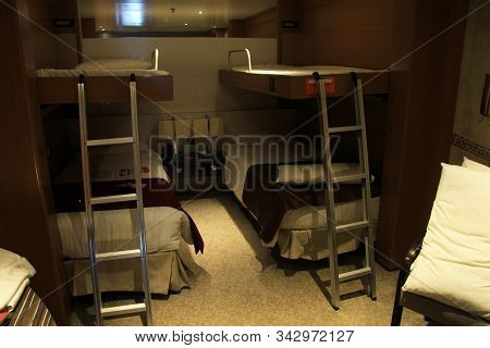 Amsterdam, The Netherlands - August 2nd 2014: Costa Neoromantica, Standard Inside Cruise Ship Cabin 