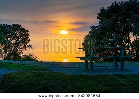 Sunrise From Slopes Mount Maunganui Eastward View Between Trees Over Golden Sea And Sky.