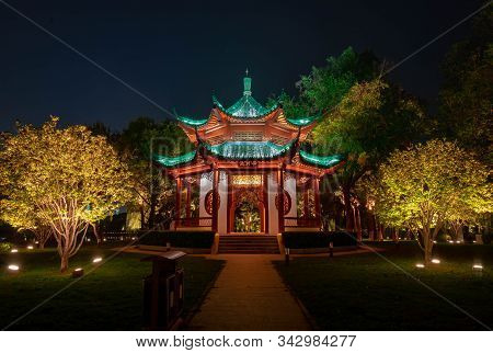 Wuhan, Hubei / China - Nov 20 2019: Night View Of  Chinese Pavillion With Light Decoration At East L